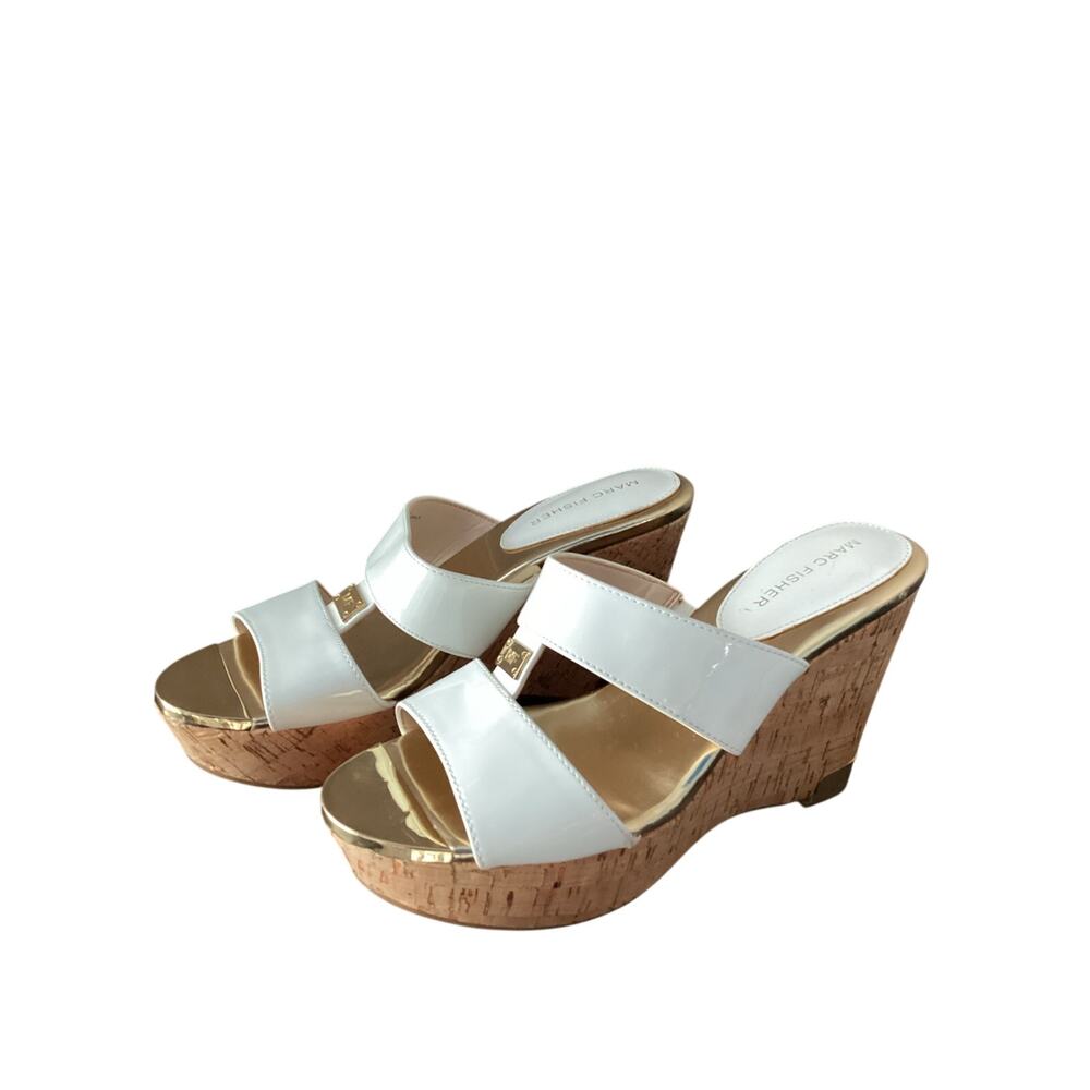 Marc Fisher Women's wedges sandals white straps gold tones cork platform heel 7
